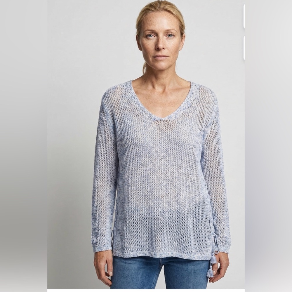 Talbots Open Knit V-Neck Long-sleeve Sweaters‎ Tassels Lightweight Blue Beach